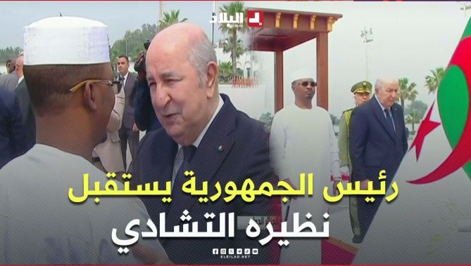لحظة استقبال رئيس الجمهورية عبد المجيد تبون لنظيره التشادي محمد ديبي إتنو بمطار الجزائر الدولي